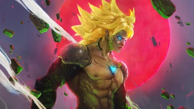 Broly en tant qu'androïde : transformation puissante sous une lune de sang