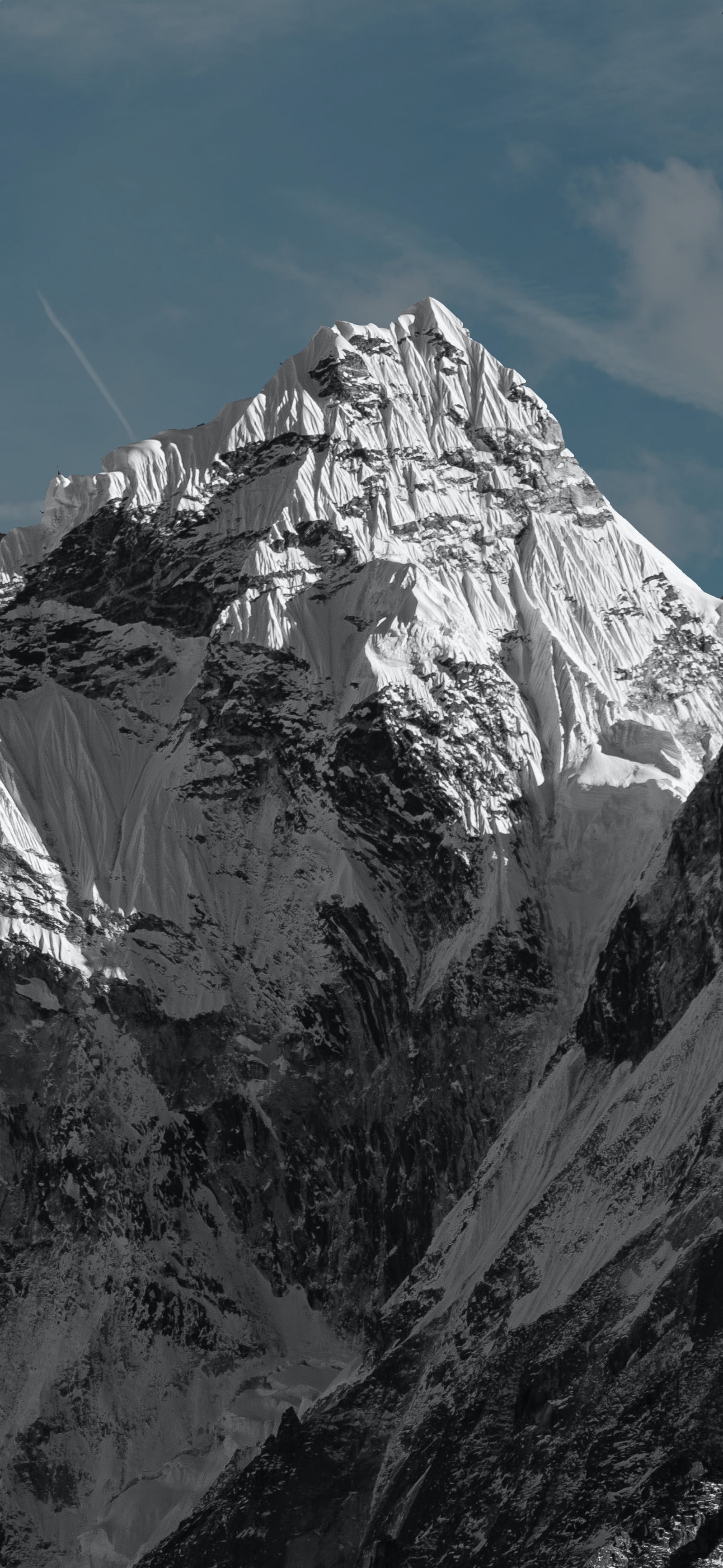 Montañas cubiertas de nieve y un avión volando en el cielo (alpes, paso de montaña, escenario montañoso, montaña, blanco y negro)