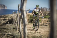 Mountain biker racing along a coastal trail, surrounded by rustic fencing and a clear blue sky.