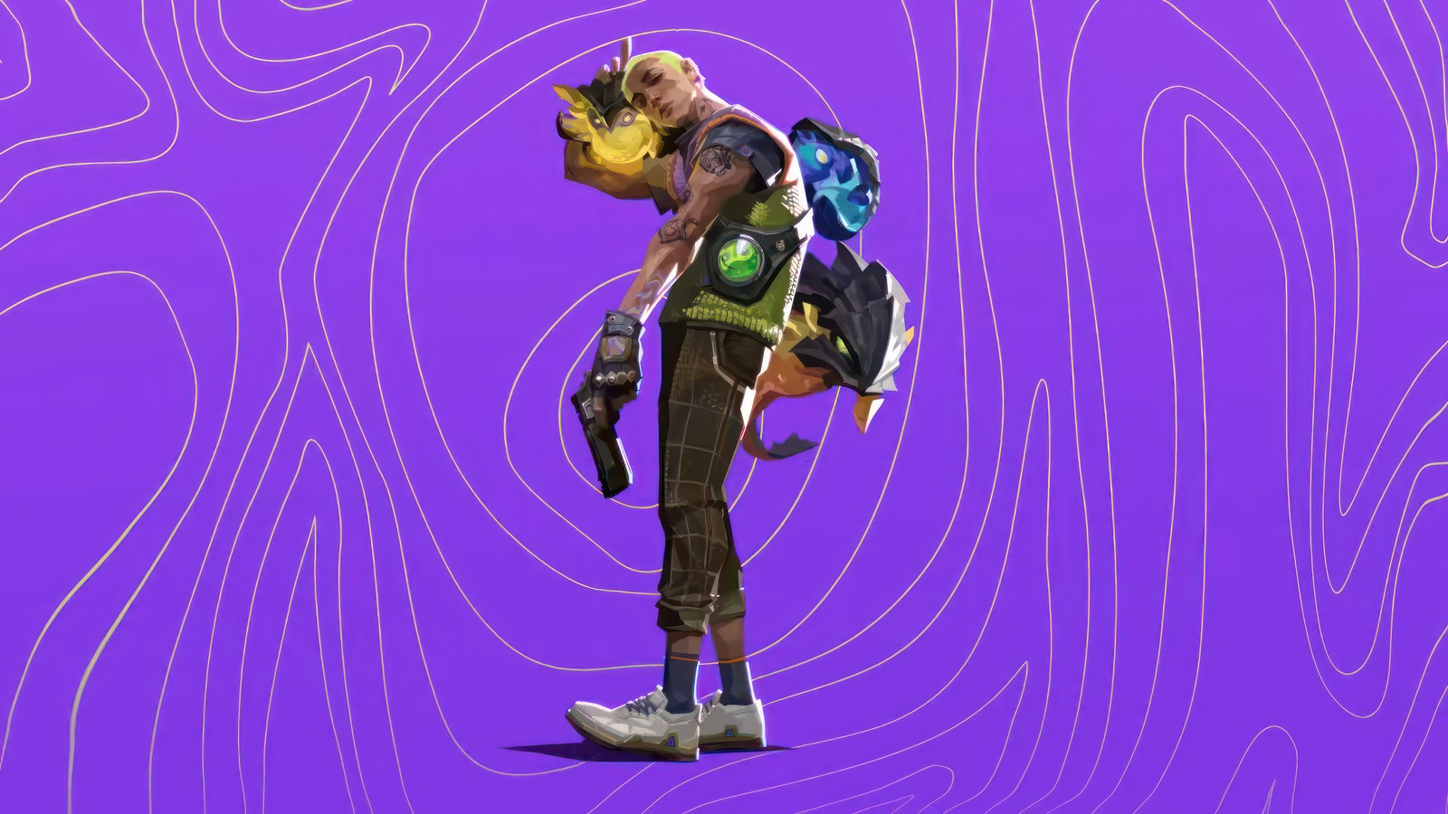 A cartoon image of a man with a backpack and a backpack (gekko, valorant, video game, purple)