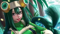 Tsuyu Asui (Froppy) de Mon héros académie dans un cadre luxuriant et vibrant.