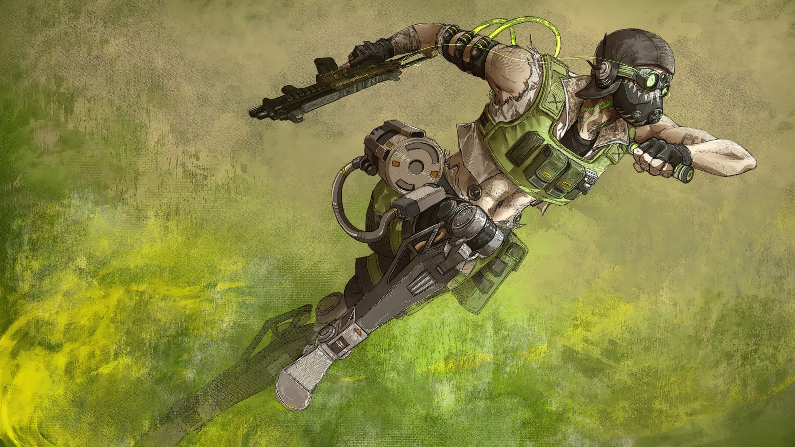 Uma pintura de um homem com uma máscara de gás segurando uma motosserra (octano, apex legends, jogo de vídeo, arte)