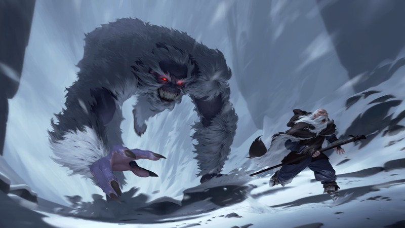 Мужчина стоит рядом с гигантским монстром в снежной местности (icy yeti, legends of runeterra, видеоигра)