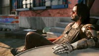 Johnny Silverhand in a cyberpunk cityscape, relaxed with a stylish demeanor.