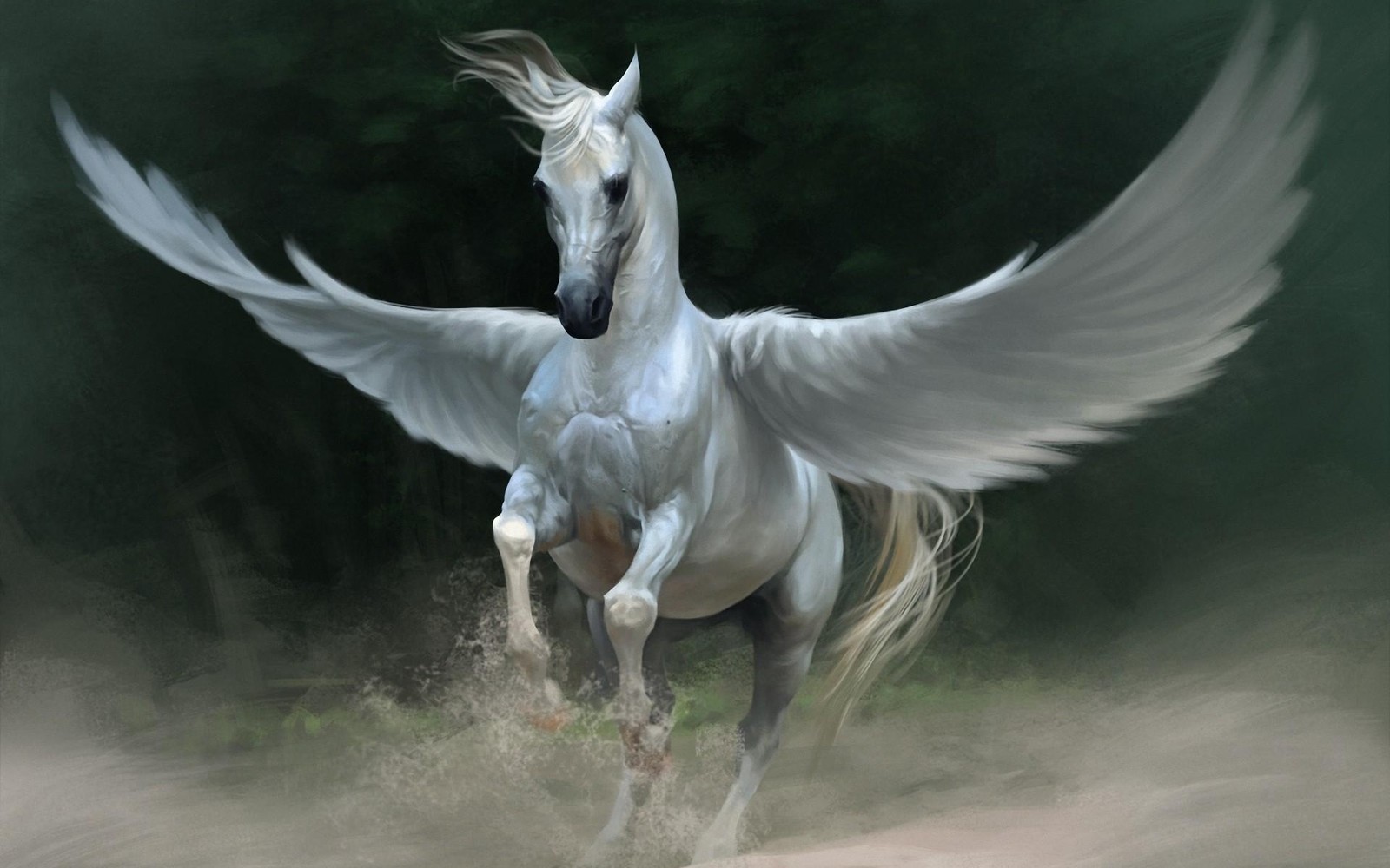 Caballo árabe blanco con alas extendidas corriendo en la tierra (pegaso, ala, semental, mitología, vida silvestre)