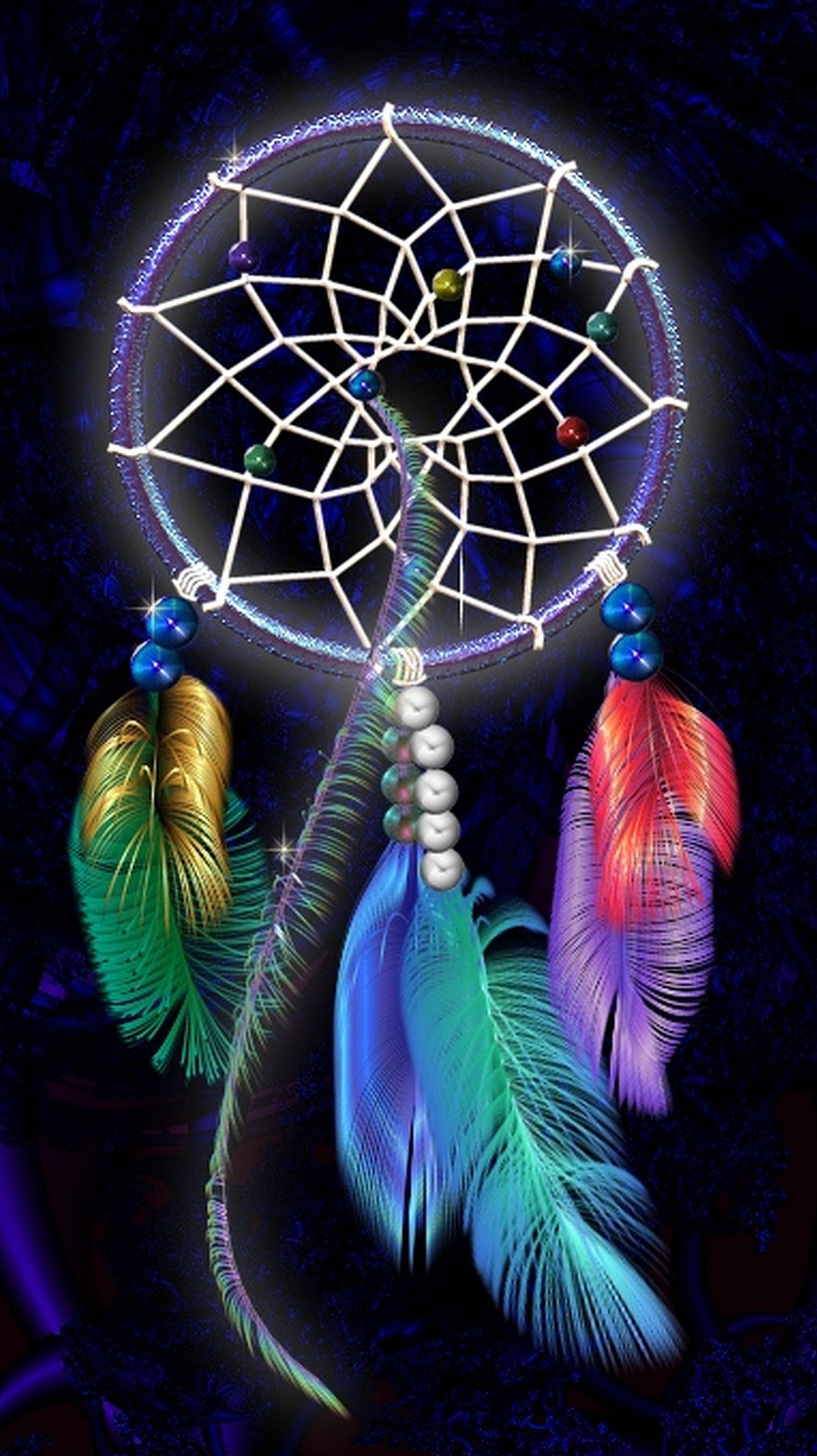 A close up of a colorful dream catcher with feathers on a black background (catcher, dream)