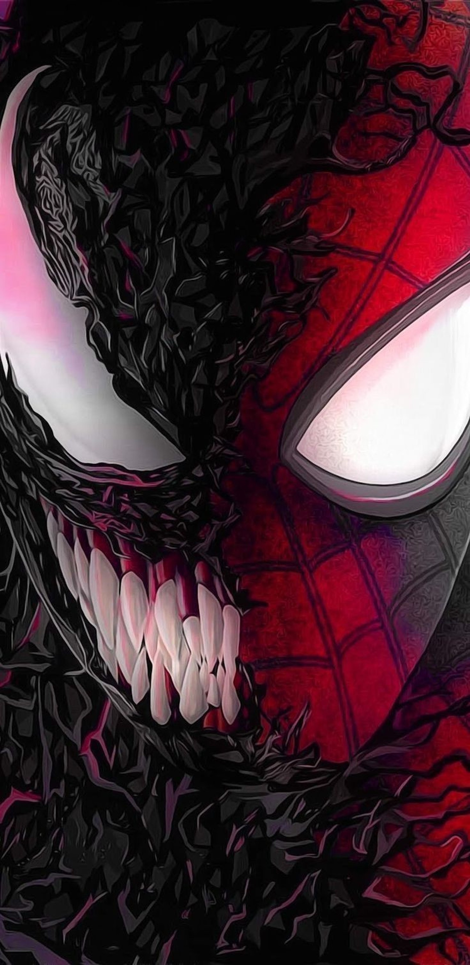 Spider-man avec des yeux brillants et des crocs sur un fond sombre (visage, marvel, sony, spiderman)