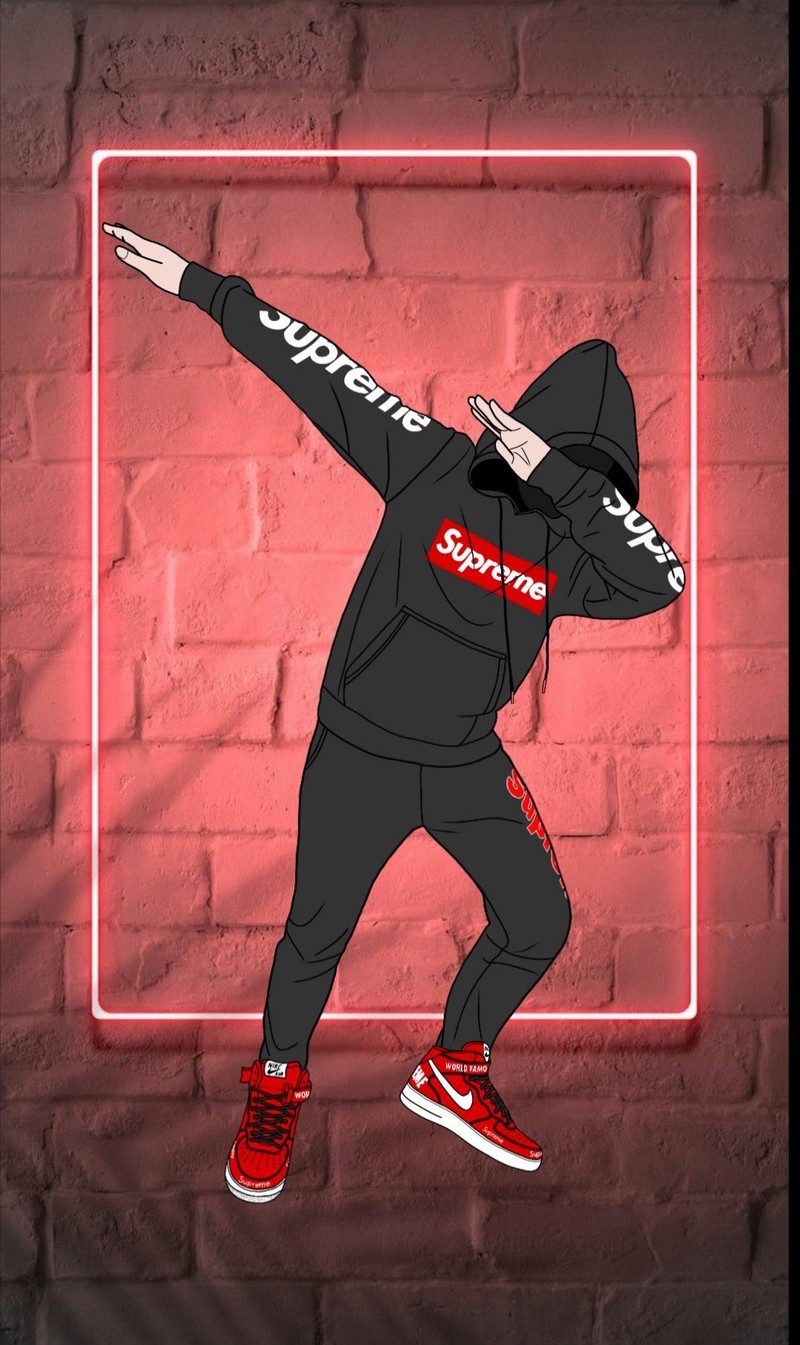 Desenho animado de um homem em um moletom e sapatos vermelhos fazendo um truque (papel de parede épico, stylish supreme wallpaper, supreme dab)