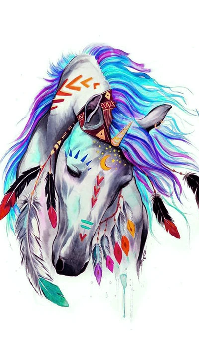 Vibrant Equine Art with Feathers and Colorful Mane