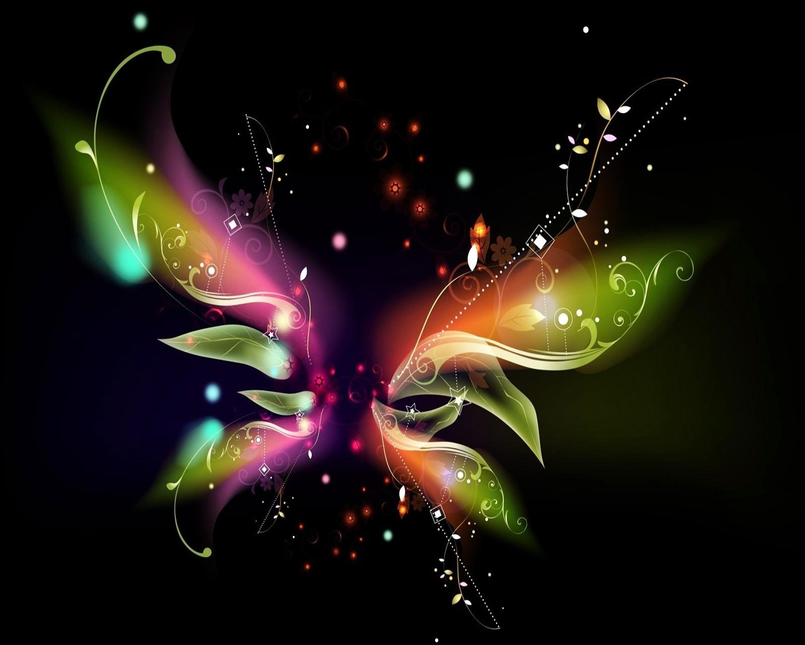 Abstract butterfly with glowing wings and swirls on a black background (abstract, colorful, rainbow, wings)