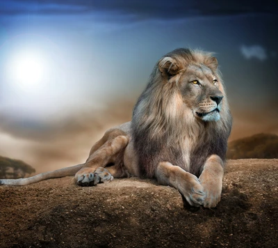 Majestic Lion Relaxing in a Serene Landscape Background