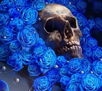 Roses bleues embrassant un crâne