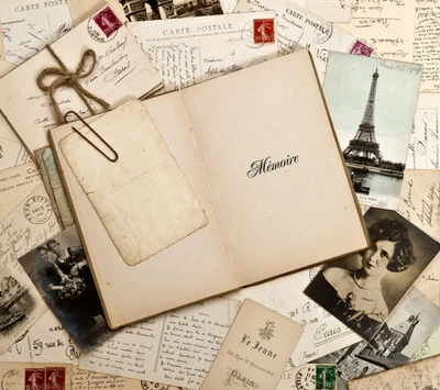 Vintage Postcards and Memory Book Surrounded by Nostalgic Photographs