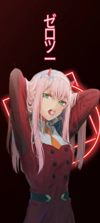 Zero Two in a striking pose against a dark background, featuring vibrant pink hair and a bold red accent.