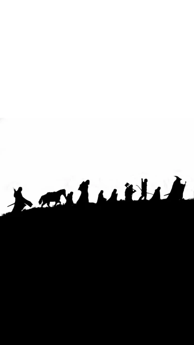 Silhouettes of the Fellowship of the Ring journeying together against a stark white background.