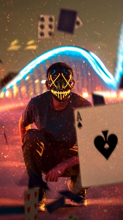 Neon Masked Gambler Amidst Floating Cards