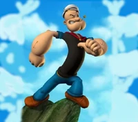 Genial héroe de dibujos animados Popeye flexionando en un saliente rocoso