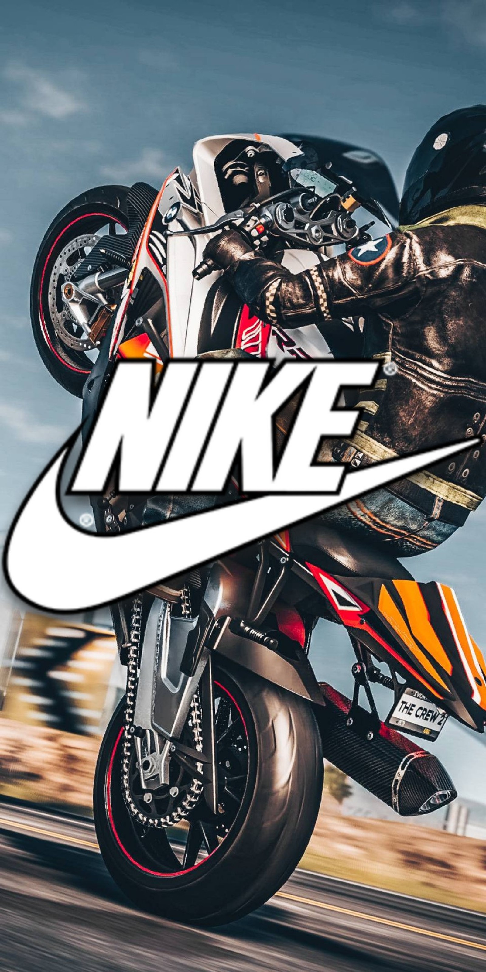 Arafed image of a person riding a motorcycle with the words nike on it (motorcycle, nike)