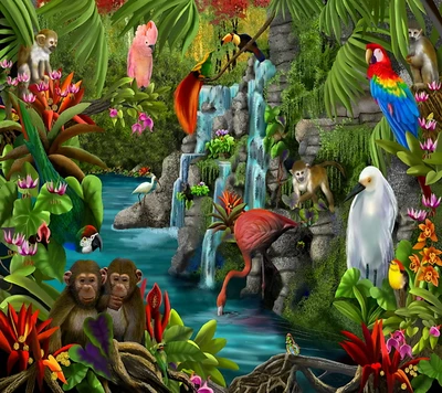 birds, jungle, painting, tropical