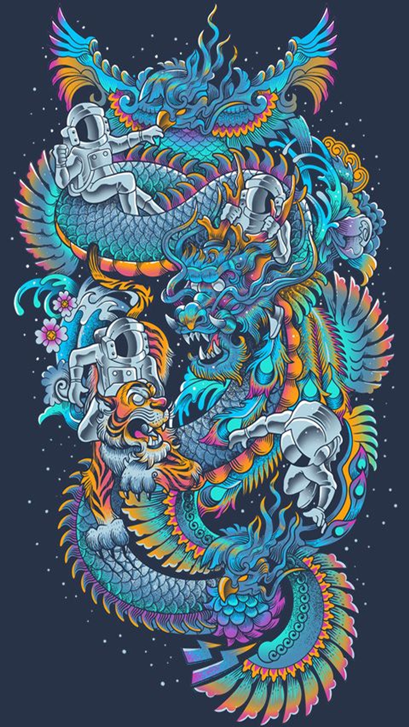 Un dragón colorido con un esqueleto y una cabeza de calavera en él (astronauta, espacio, galaxia, tigre, tumblr)