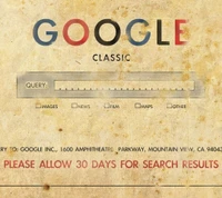 Interfaz de búsqueda de Google retro con diseño clásico y aviso de espera de resultados de 30 días