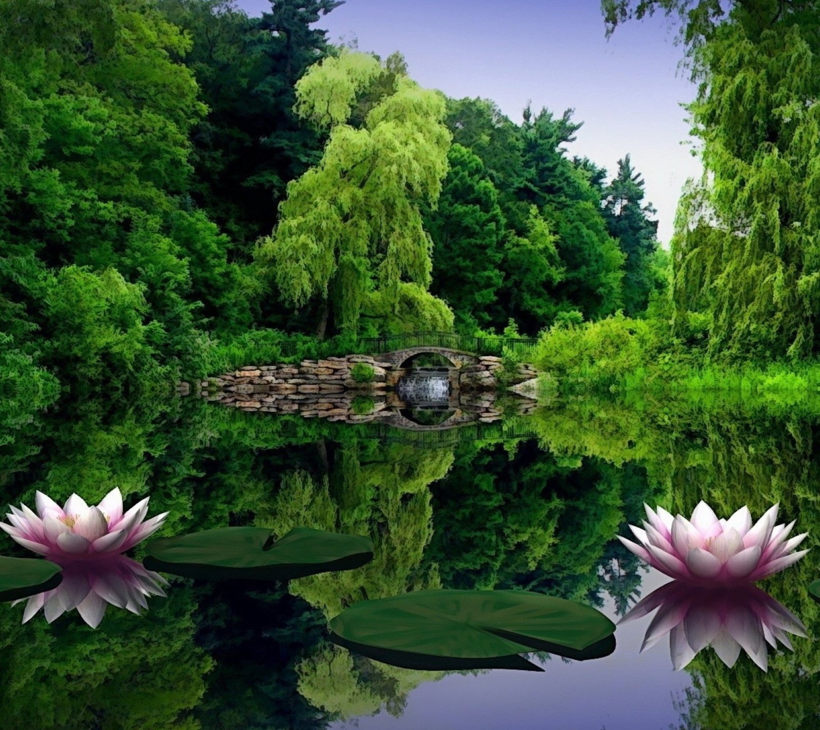 Arbres et nénuphars dans un étang avec un pont en arrière-plan (vert, nature, arbres)