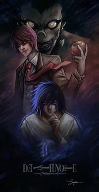 Dark Confrontation: L, Light, and Ryuk in Death Note