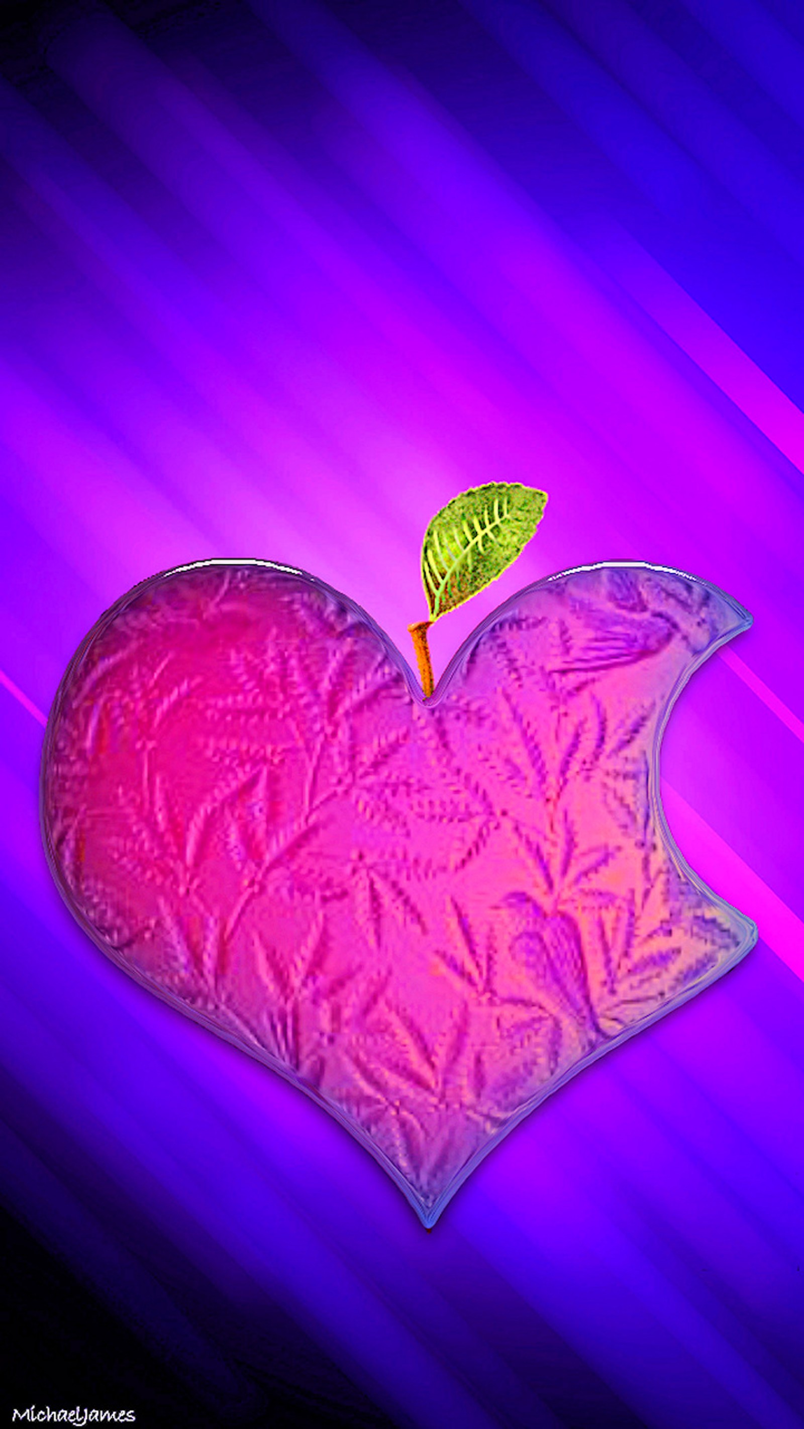 Purple heart with a green leaf on top of it (apple, heart, logo, love, valentine)