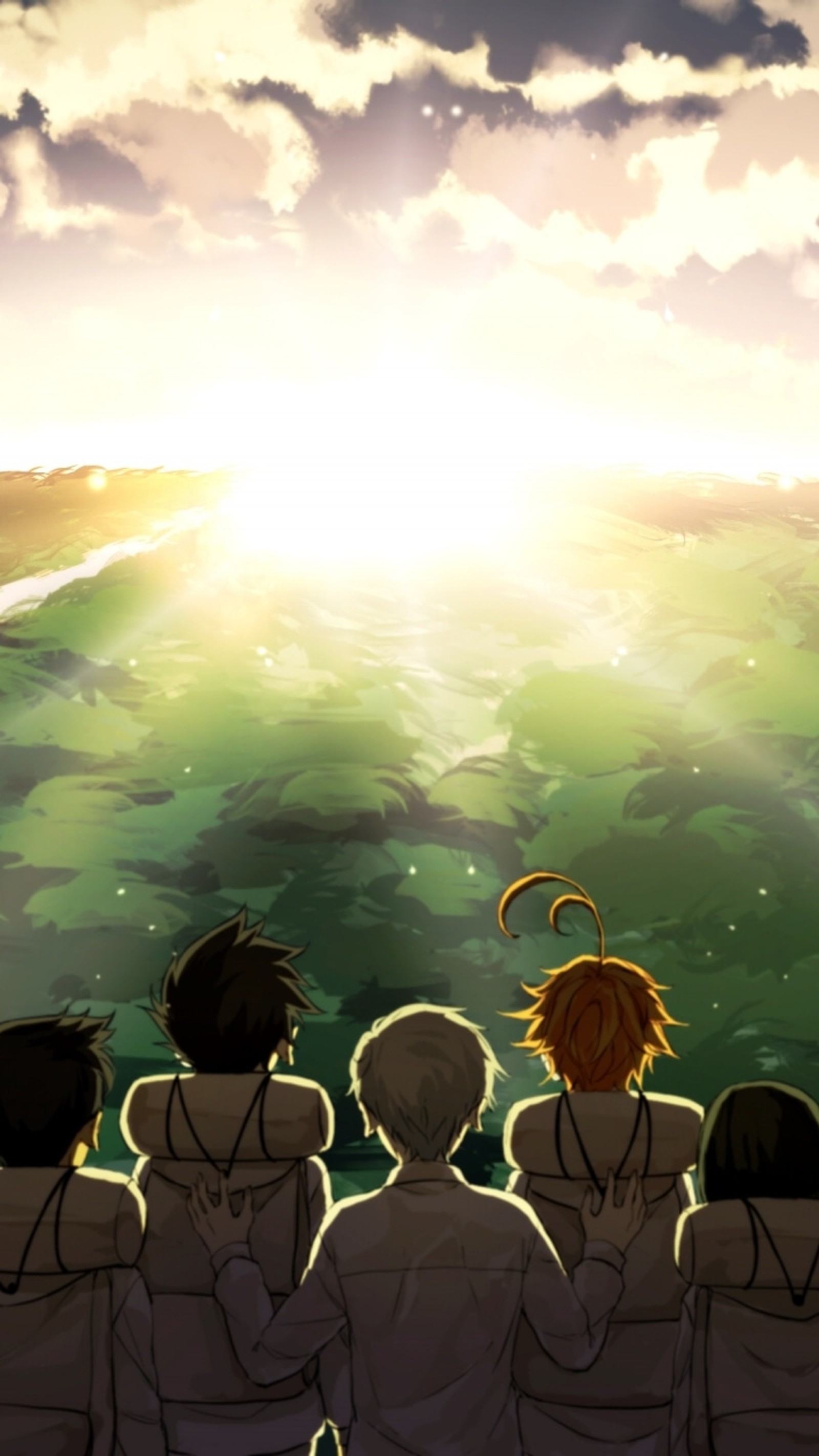 Cena de anime de um grupo de pessoas assistindo a um pôr do sol sobre um corpo d'água (anime, the promises neverland, yakusoku no neverland)