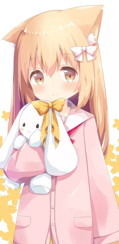 Jolie fille d'anime avec des oreilles de chat dans un uniforme rose, tenant un jouet en peluche de lapin blanc.