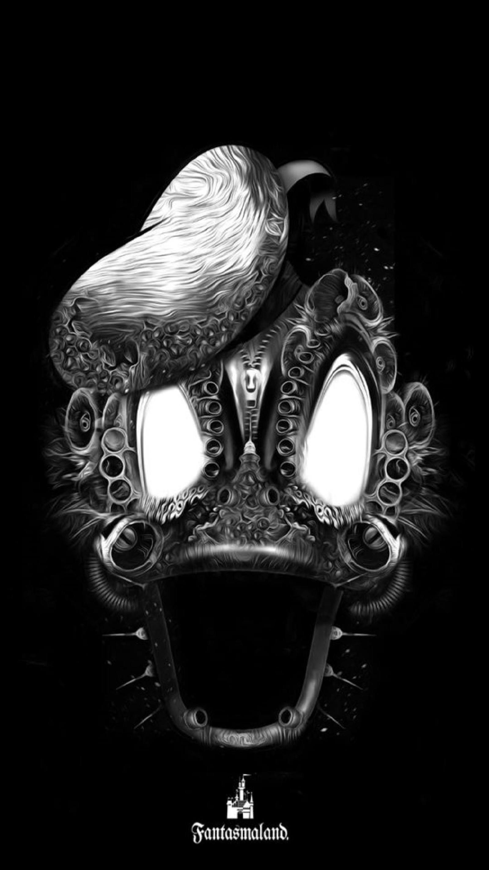 A black and white photo of a bird sitting on top of a mask (fds, sdf)