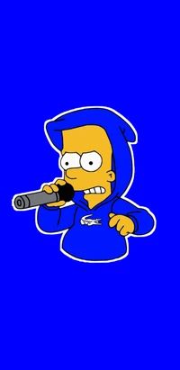 Bart Simpson dans un sweat à capuche bleu, tenant un microphone et prêt à performer.