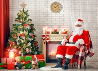 Santa Claus by the Christmas Tree Surrounded by Gifts and Holiday Cheer