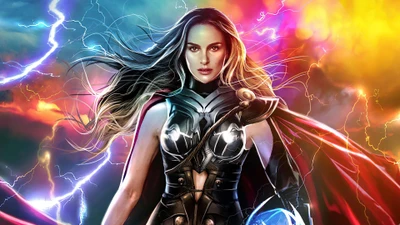 Jane Foster como Lady Thor: Uma poderosa super-heroína em um vibrante fundo tempestuoso