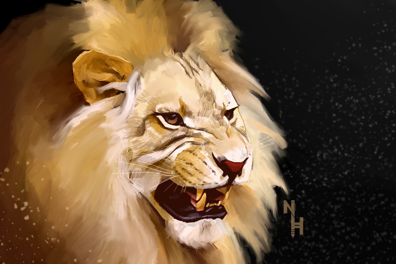 Peinture d'un lion avec une grande crinière et un grand sourire. (le lion, tigre, rugissement, felidae, grands félins)