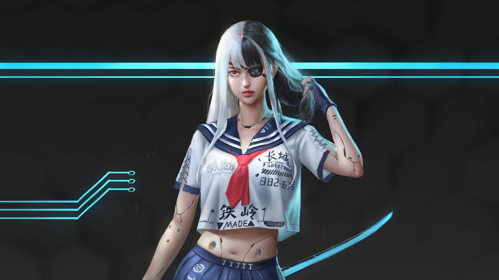 cyberpunk, girls, student, eye patch, sci fi Download Wallpaper