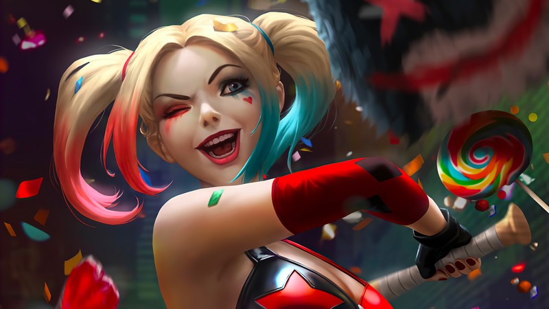 Харли квин держит леденец в сцене из суицид (harley quinn, dc comics, девочки, антигерой, комиксы)