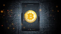 Bitcoin on a Smartphone Against a Digital Background