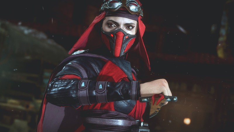 Крупный план человека в костюме, держащего нож (скарлет, skarlet, mortal kombat 11, видеоигра)