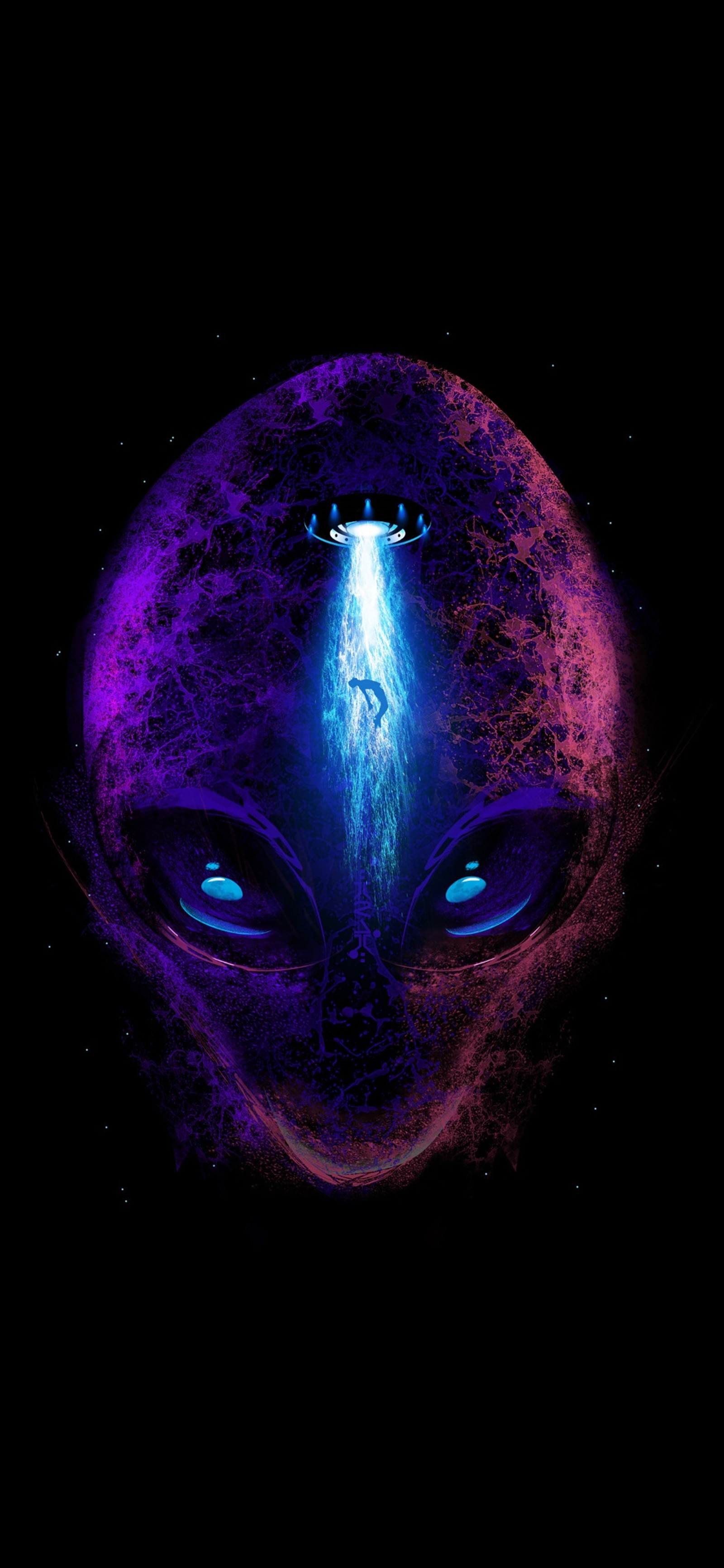 Visage d'alien avec une lumière bleue brillante venant de derrière (obscurité, violet, art, bleu électrique, cercle)