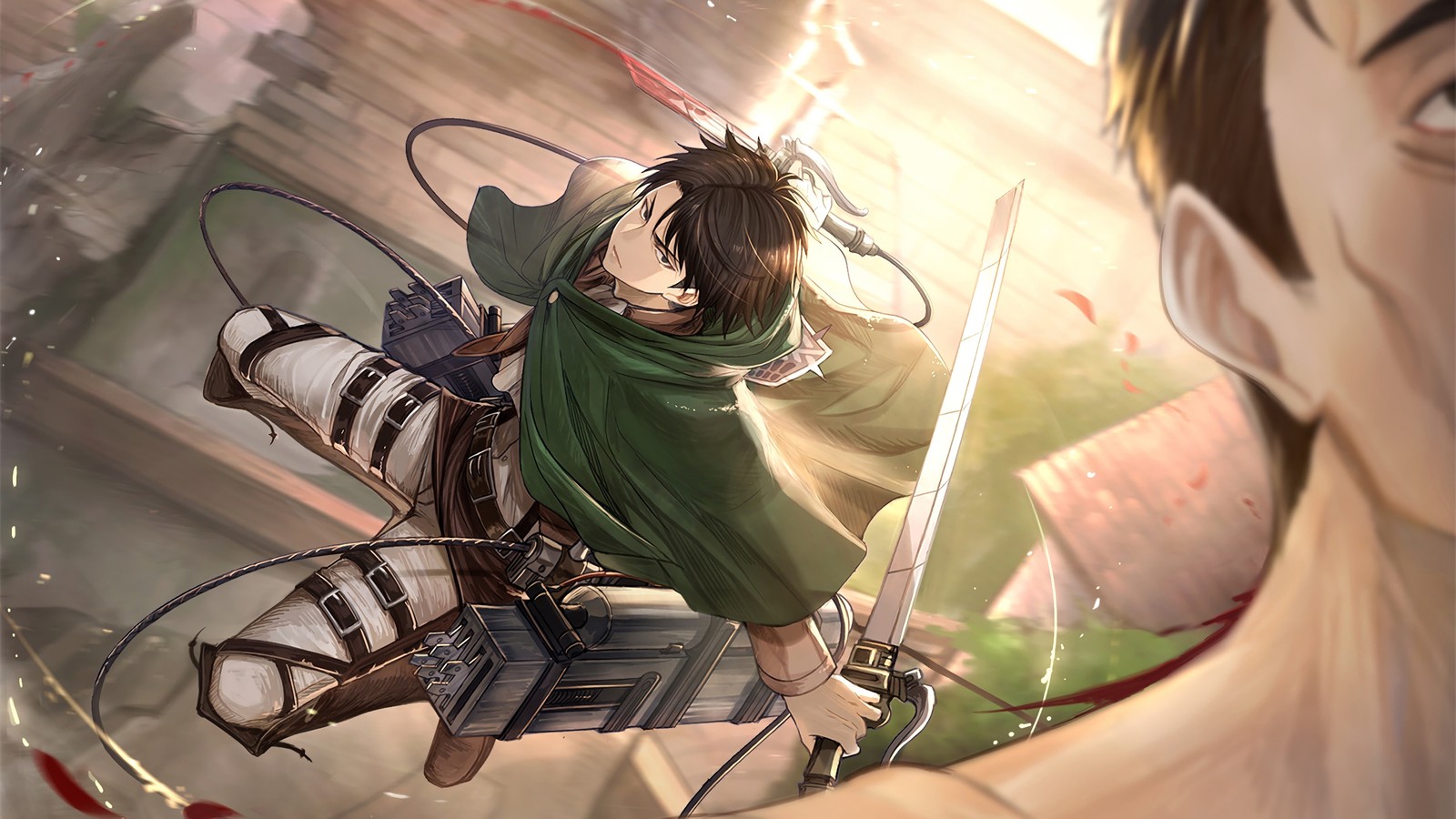 Anime, a man with a sword and a green cape is flying (levi ackerman, attack on titan, shingeki no kyojin, anime)