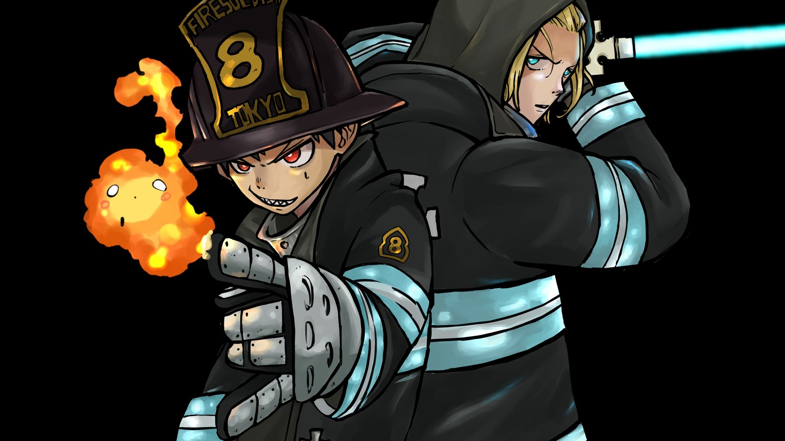 Пожарный с пожарным шлангом и гидрантом (fire force, аниме, anime, огненная бригада, enen no shouboutai)