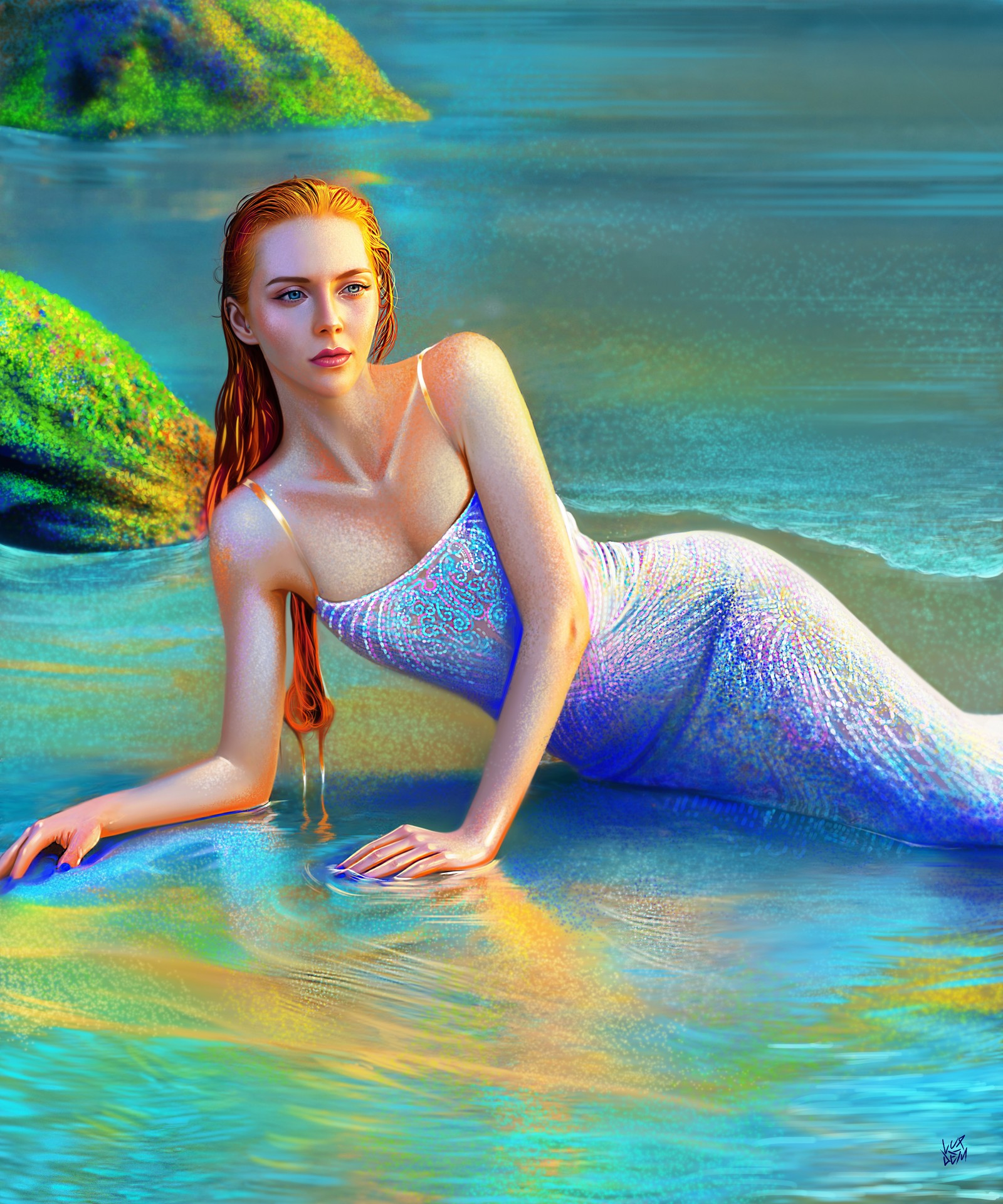 Pintura de una mujer en un disfraz de sirena acostada sobre una roca en el agua (sirena, hermoso, niña, pintura, vivo)