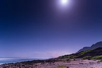 Paisaje marino de playa iluminado por la luna bajo un cielo estrellado