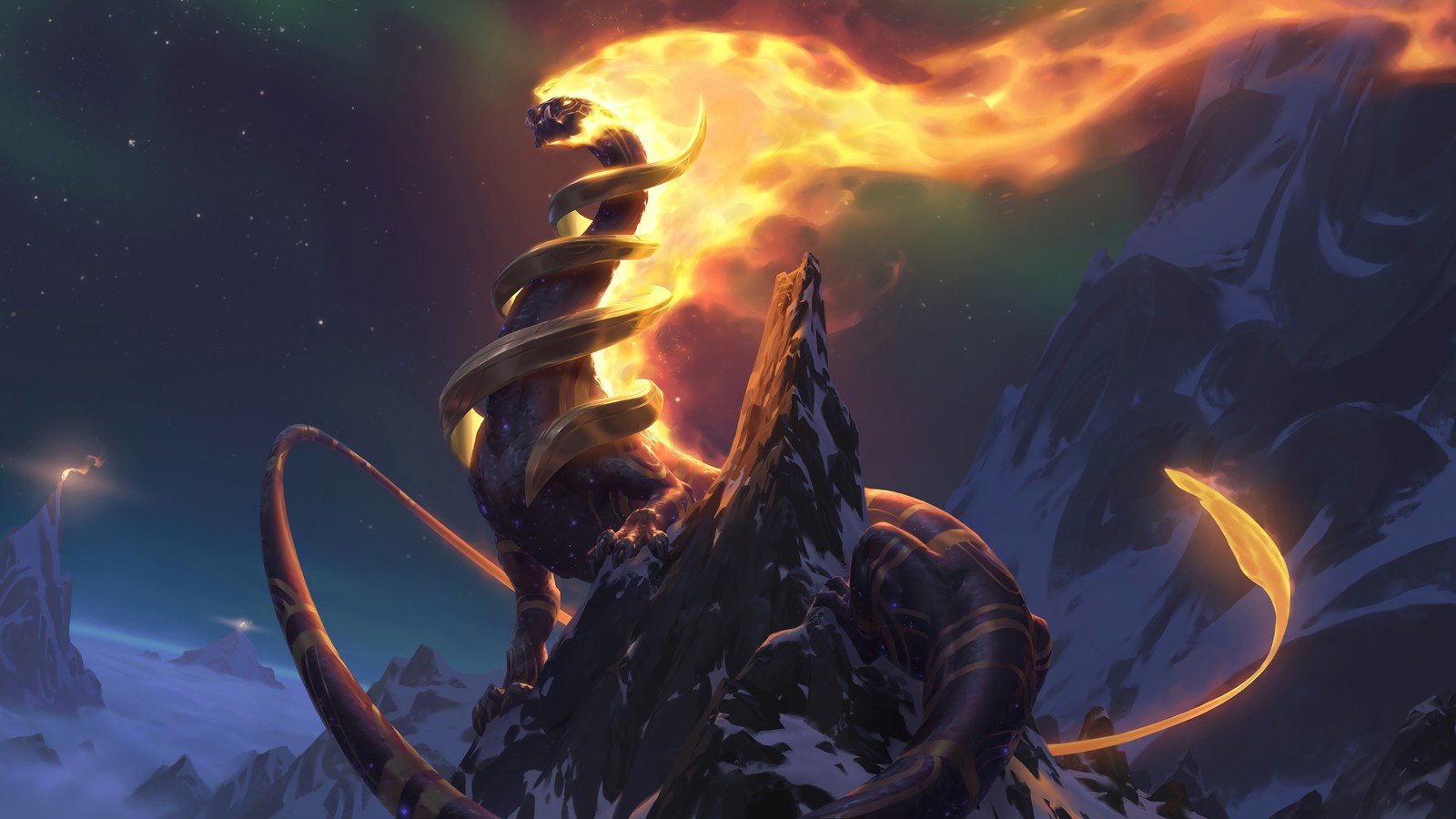 Un homme sur une montagne avec une boule de feu dans la main (inviolus vox, targon, dragon, legends of runeterra, lor)