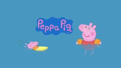 Peppa Pig y George Pig disfrutando de un divertido día en la piscina sobre un fondo azul