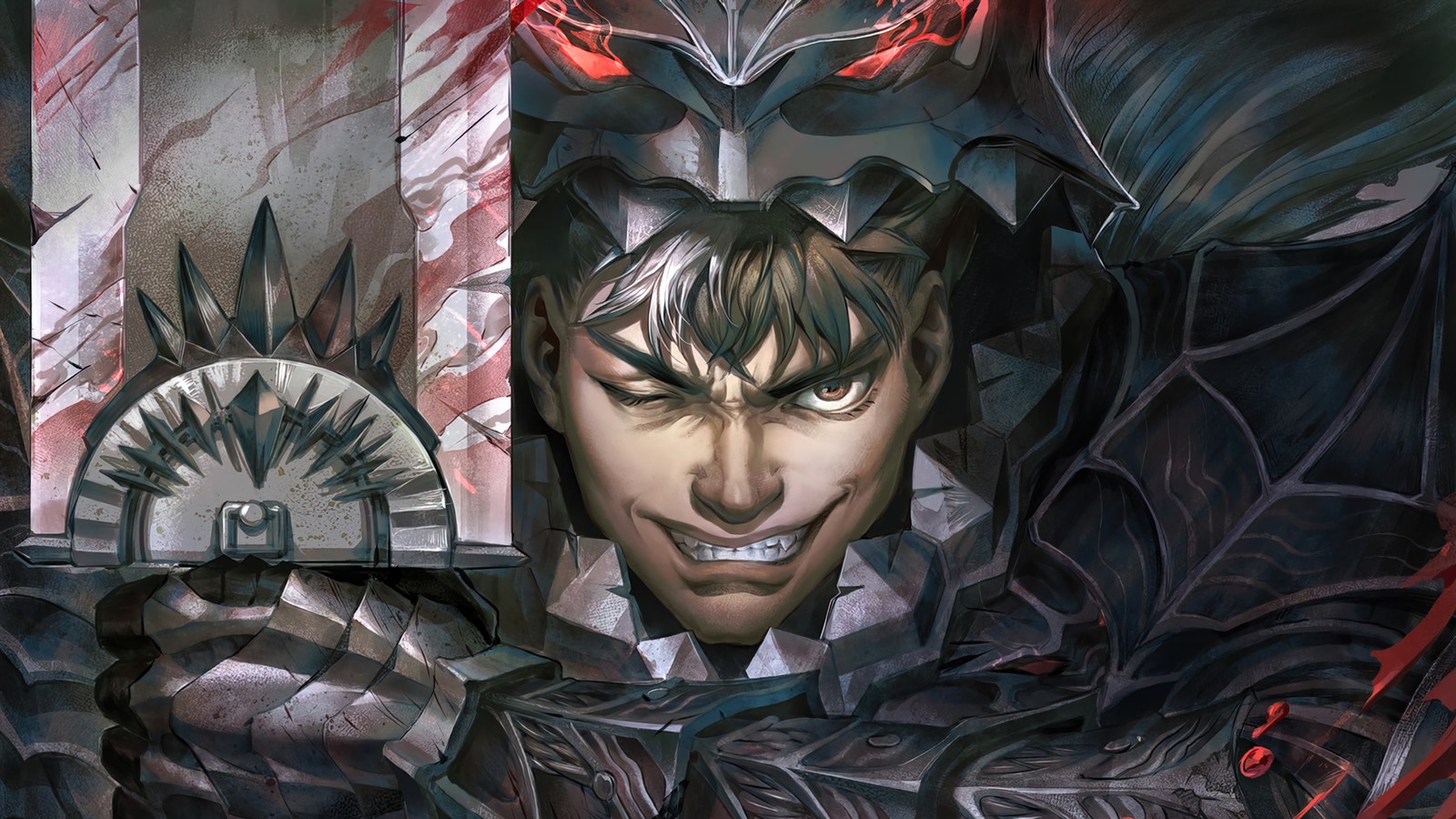 Close-up de um homem segurando uma espada na frente de uma parede (guts, espada, berserk, anime)