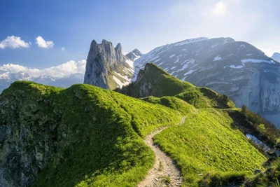 Trilha cênica de caminhada nos Alpes de Appenzell cobertos de neve, Suíça