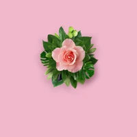 Arranjo floral artificial rosa com folhagem verde em fundo rosa suave