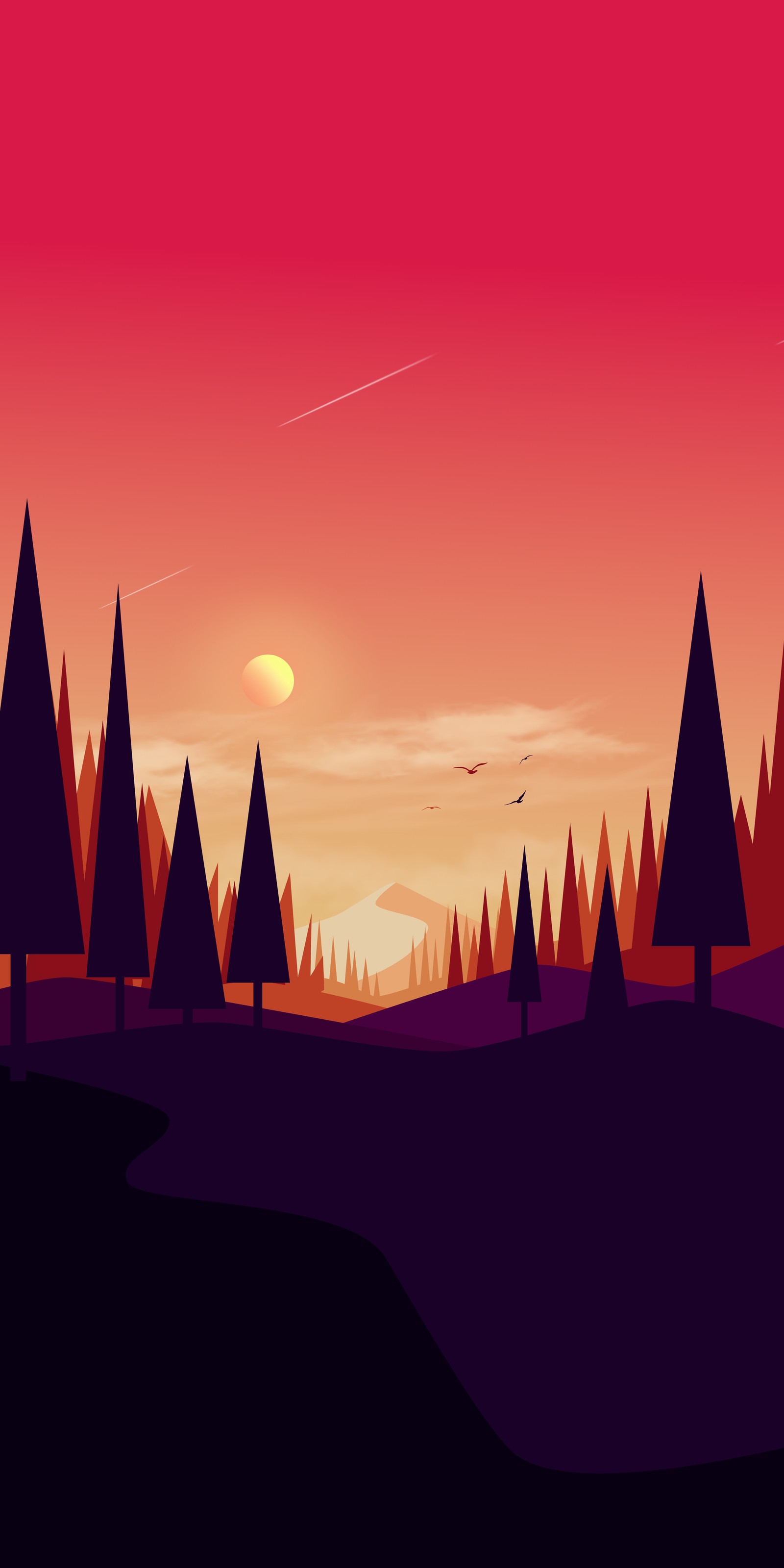 There is a sunset scene with a plane flying over the trees (cloud, natural landscape, biome, landscape, dusk)